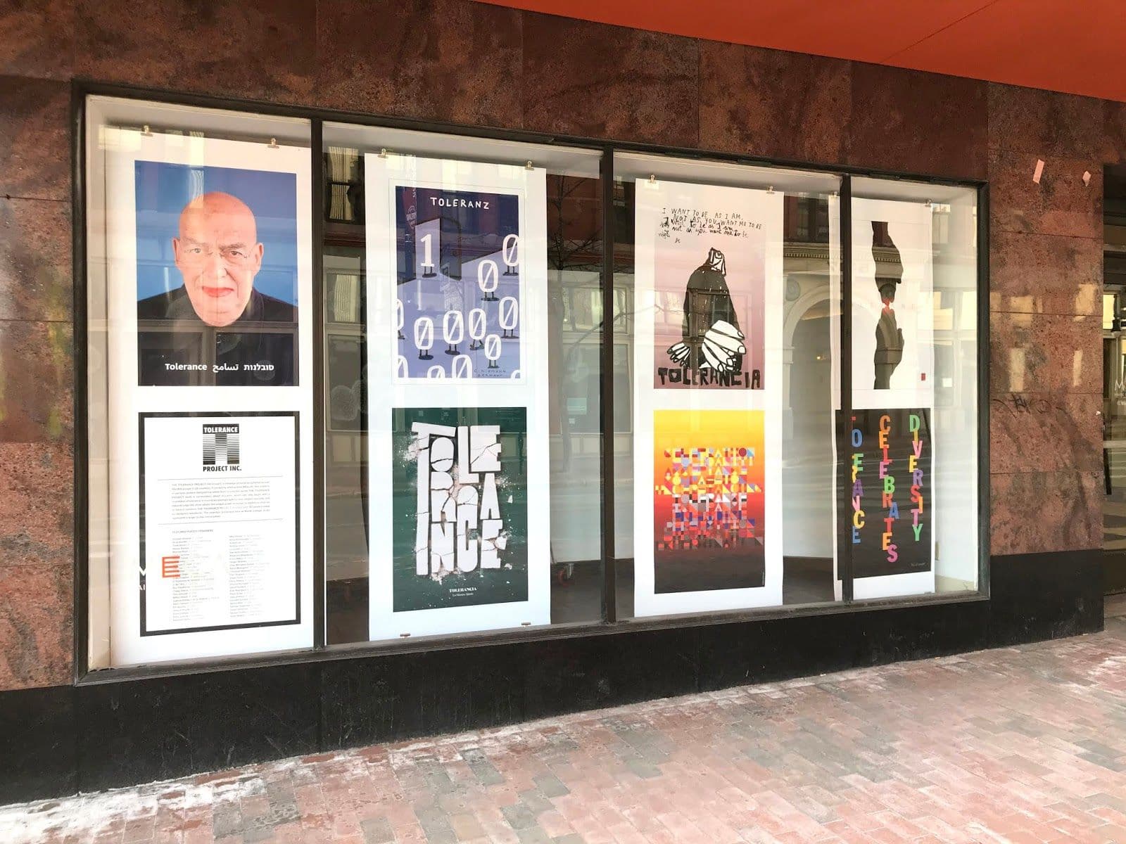 Poster on windows in front of school