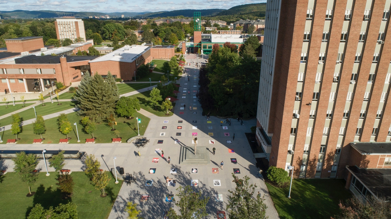 birds eye view of posters layout on campus
